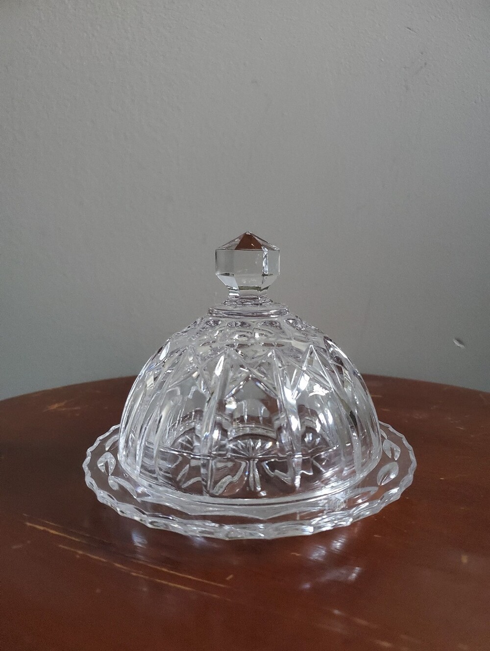 Vintage Cut Crystal Round Covered Butter Dish Cloche Dome Lid Starburst Pinwheel